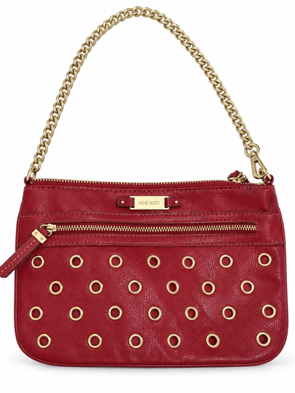 Y2K Nine West Shoulder Bag Red & Gold Tone Faux Leather Grommet Chain